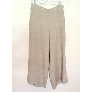 FLAX Wide-Leg Flood Pants Sz S Khaki Elastic Waist Pockets Lagenlook Resort